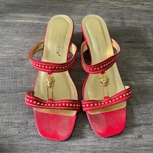 Vintage red and gold low heeled (2 inch) sandals